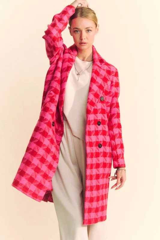 Madison Long Sleeve Houndstooth Print Tweed Coat Pink