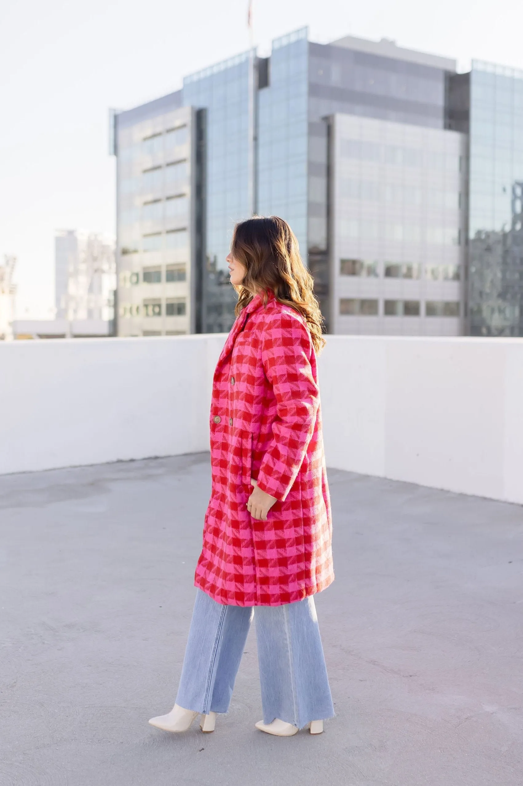 Madison Long Sleeve Houndstooth Print Tweed Coat Pink