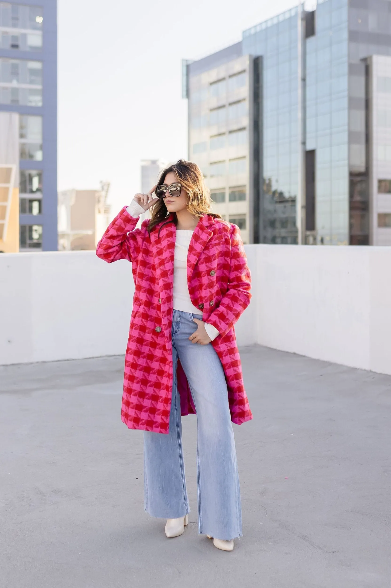Madison Long Sleeve Houndstooth Print Tweed Coat Pink