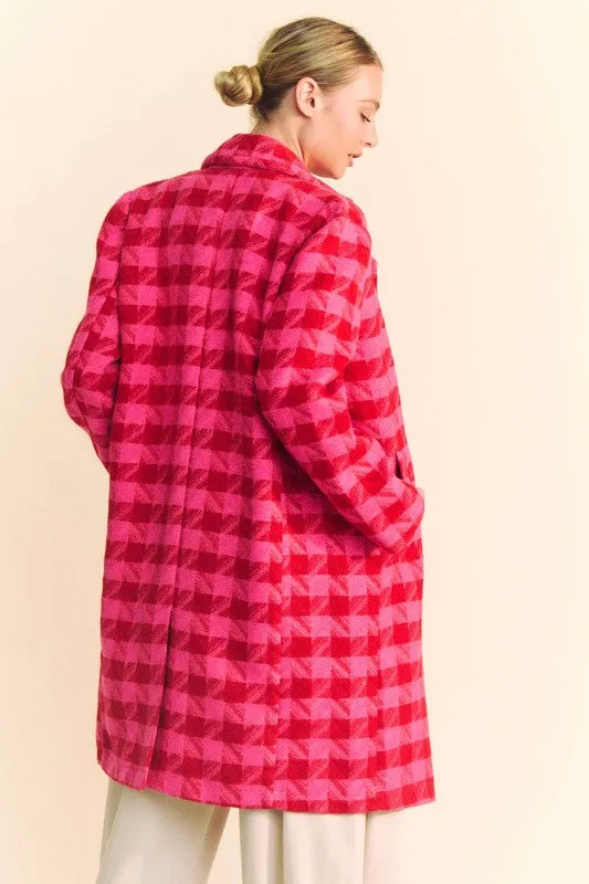 Madison Long Sleeve Houndstooth Print Tweed Coat Pink