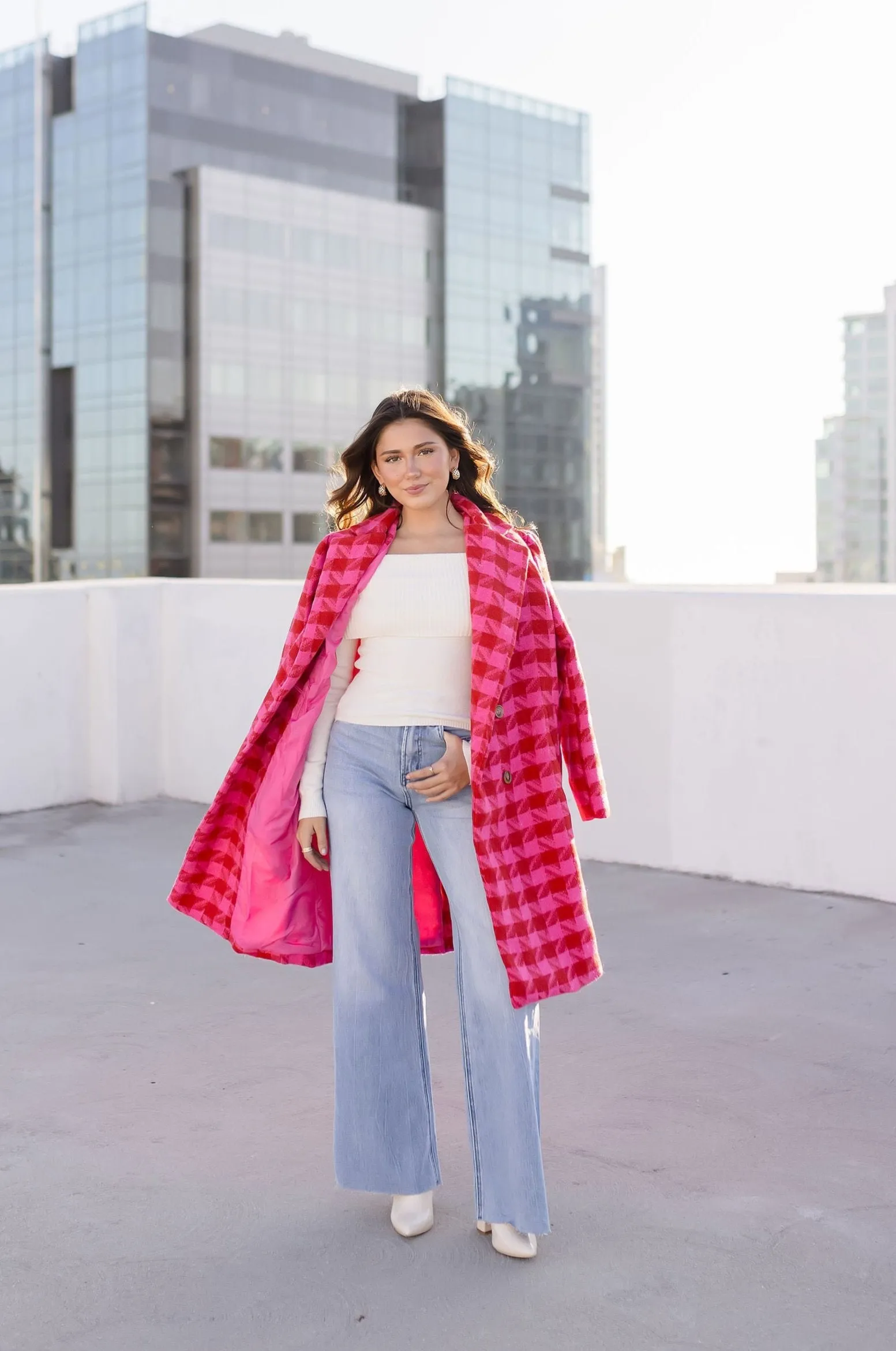 Madison Long Sleeve Houndstooth Print Tweed Coat Pink