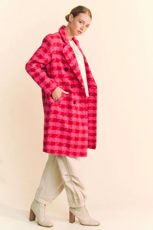 Madison Long Sleeve Houndstooth Print Tweed Coat Pink