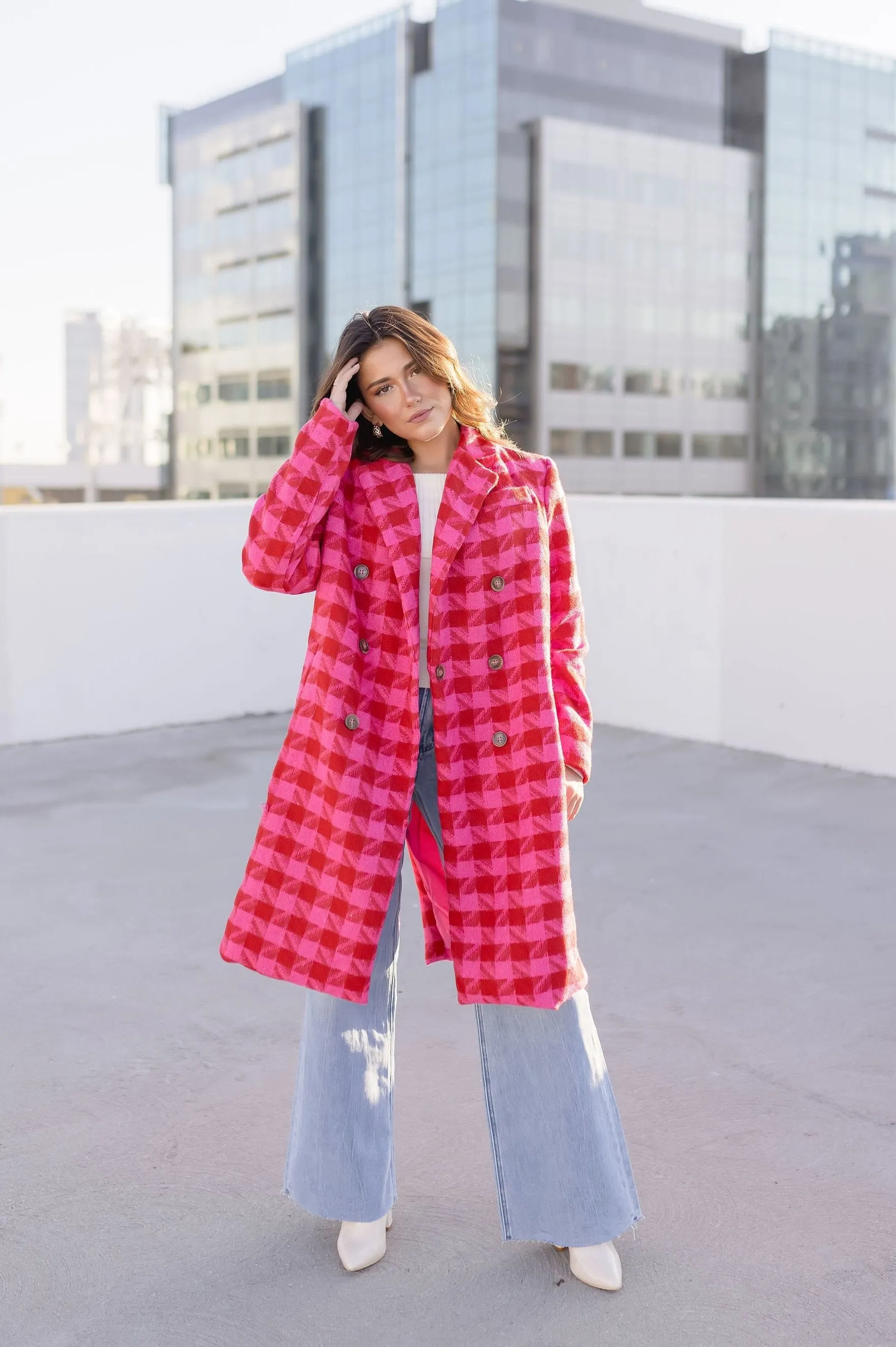 Madison Long Sleeve Houndstooth Print Tweed Coat Pink