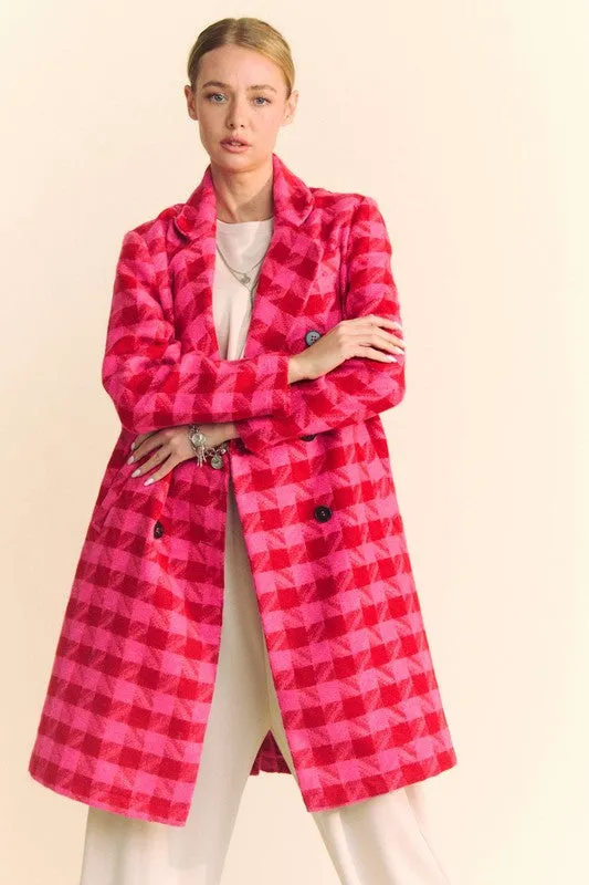 Madison Long Sleeve Houndstooth Print Tweed Coat Pink
