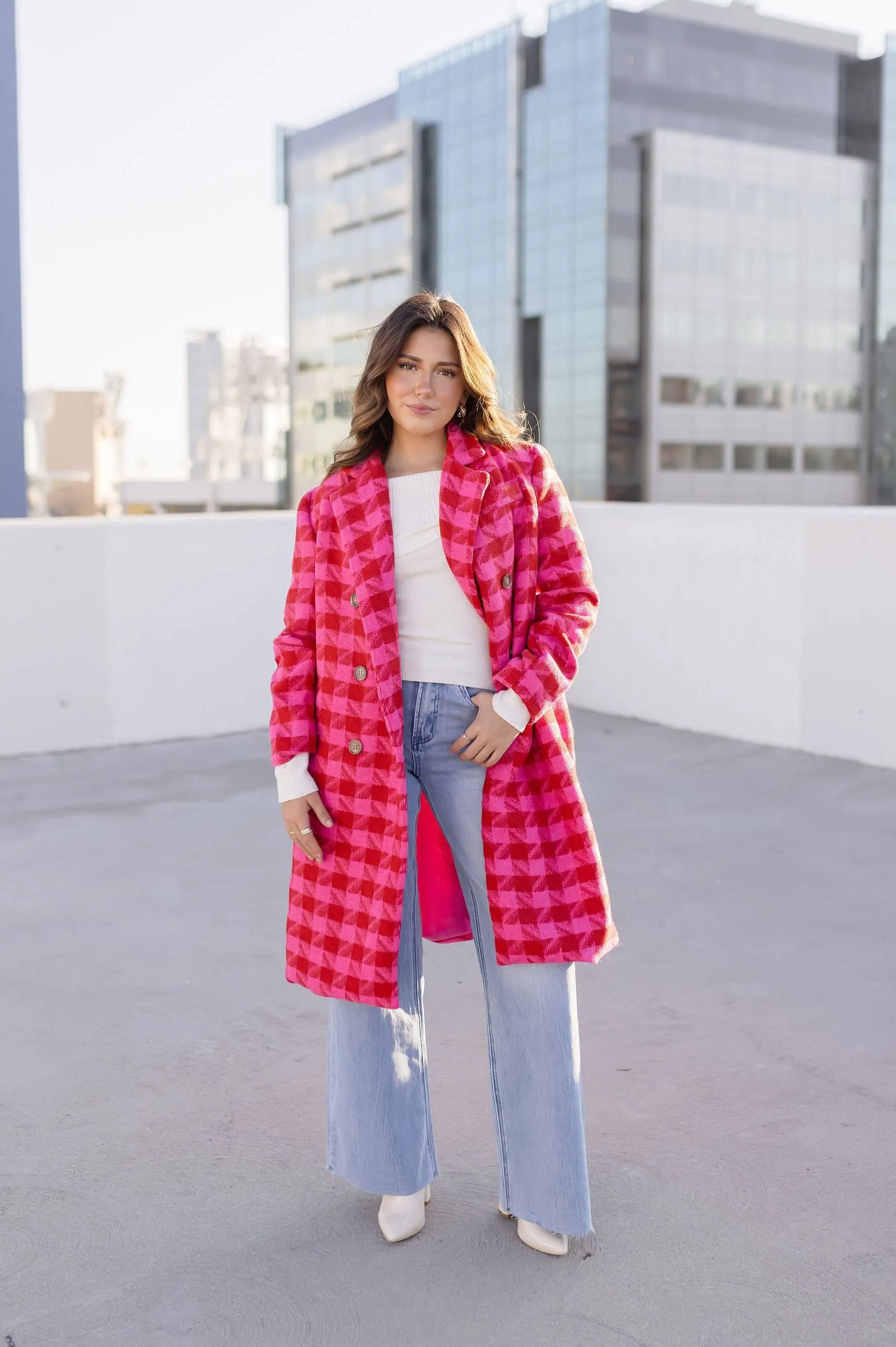 Madison Long Sleeve Houndstooth Print Tweed Coat Pink