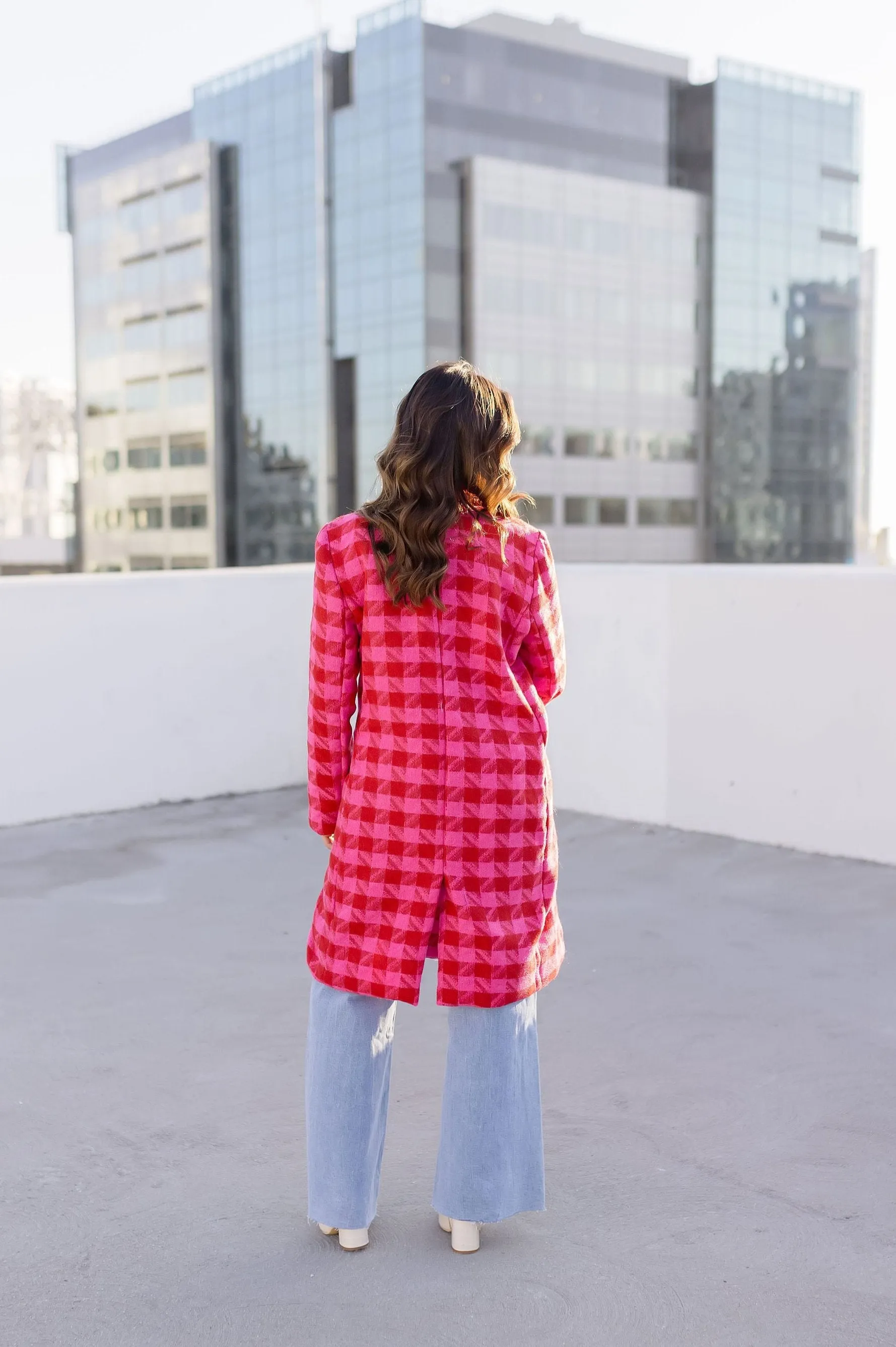 Madison Long Sleeve Houndstooth Print Tweed Coat Pink