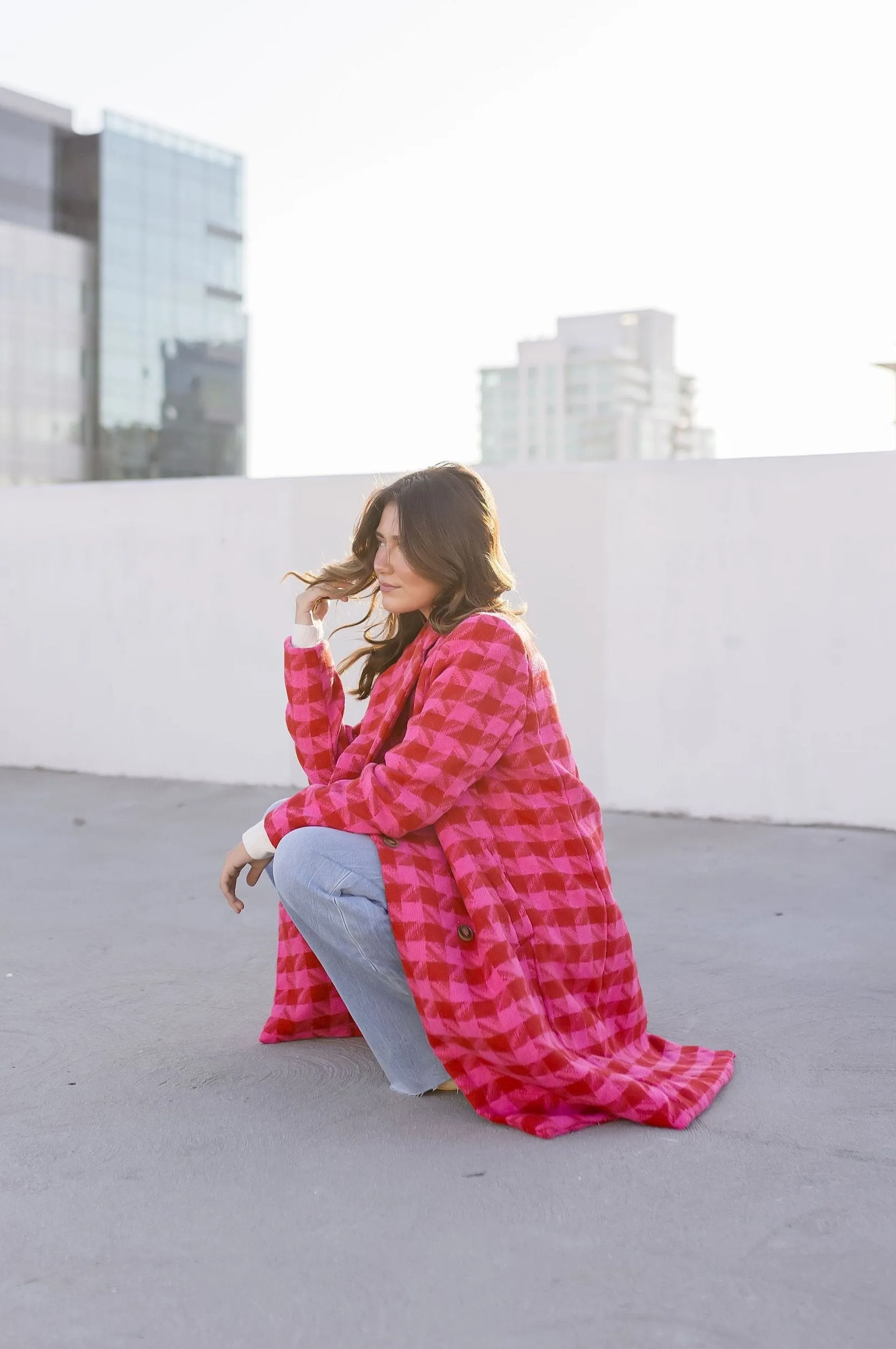 Madison Long Sleeve Houndstooth Print Tweed Coat Pink