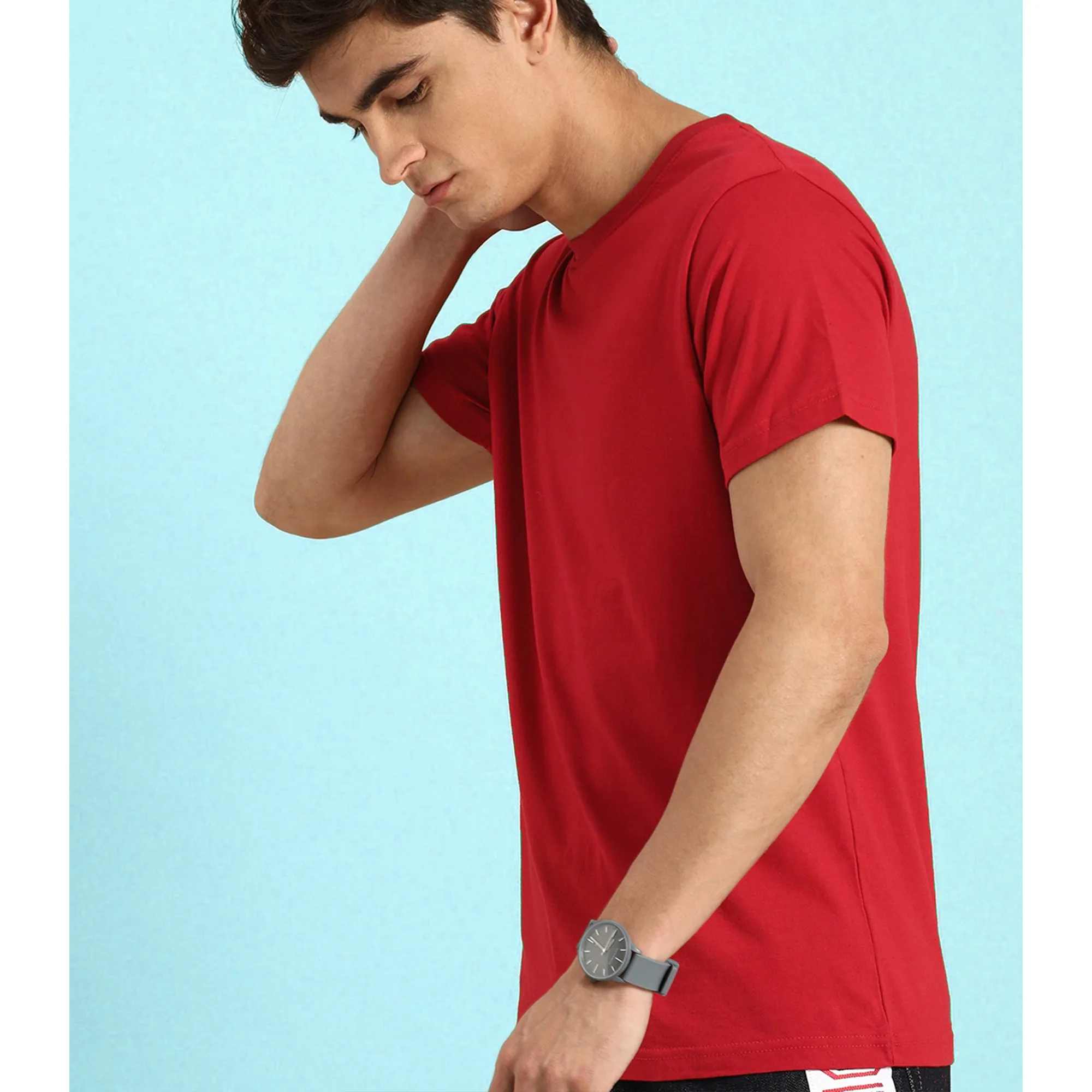 Men's Cotton Minimalist Half Sleeves T-shirt (Sunset Red)