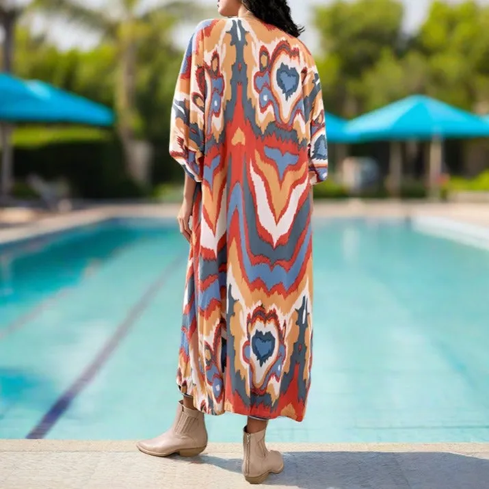 Mid length printed beach kimono