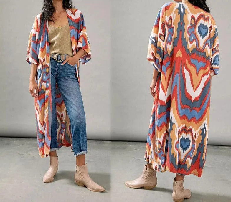Mid length printed beach kimono