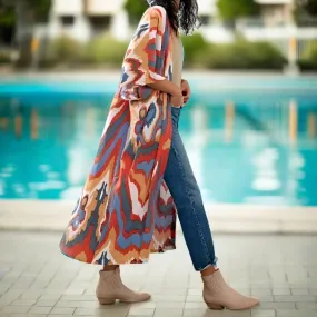 Mid length printed beach kimono