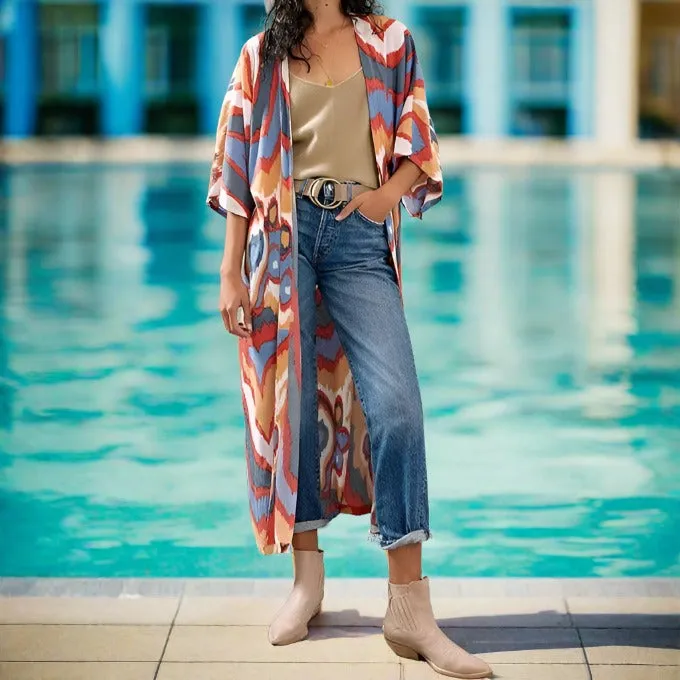 Mid length printed beach kimono
