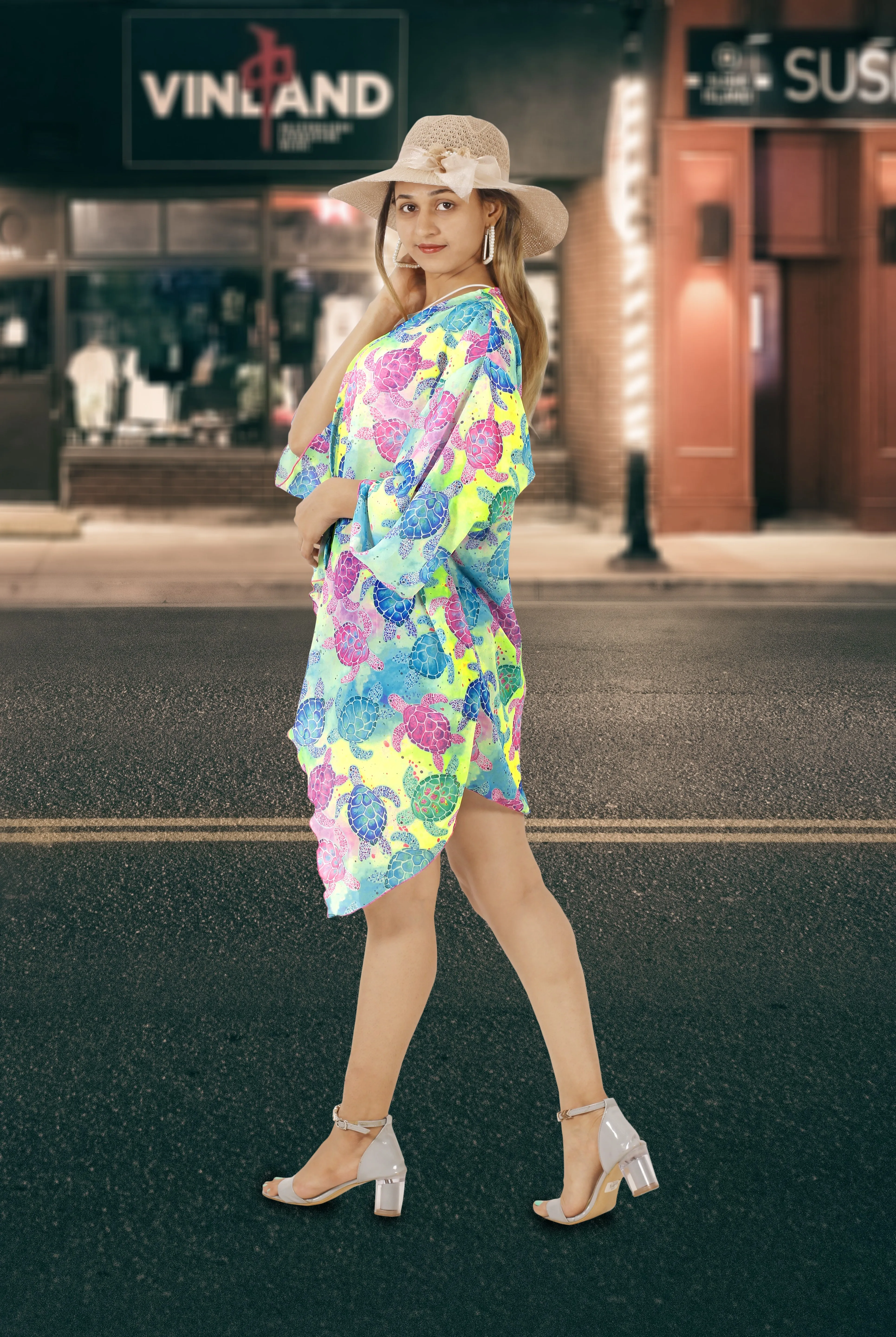 Multi Color Sheer Turtle Printed Short Kimonos For Women