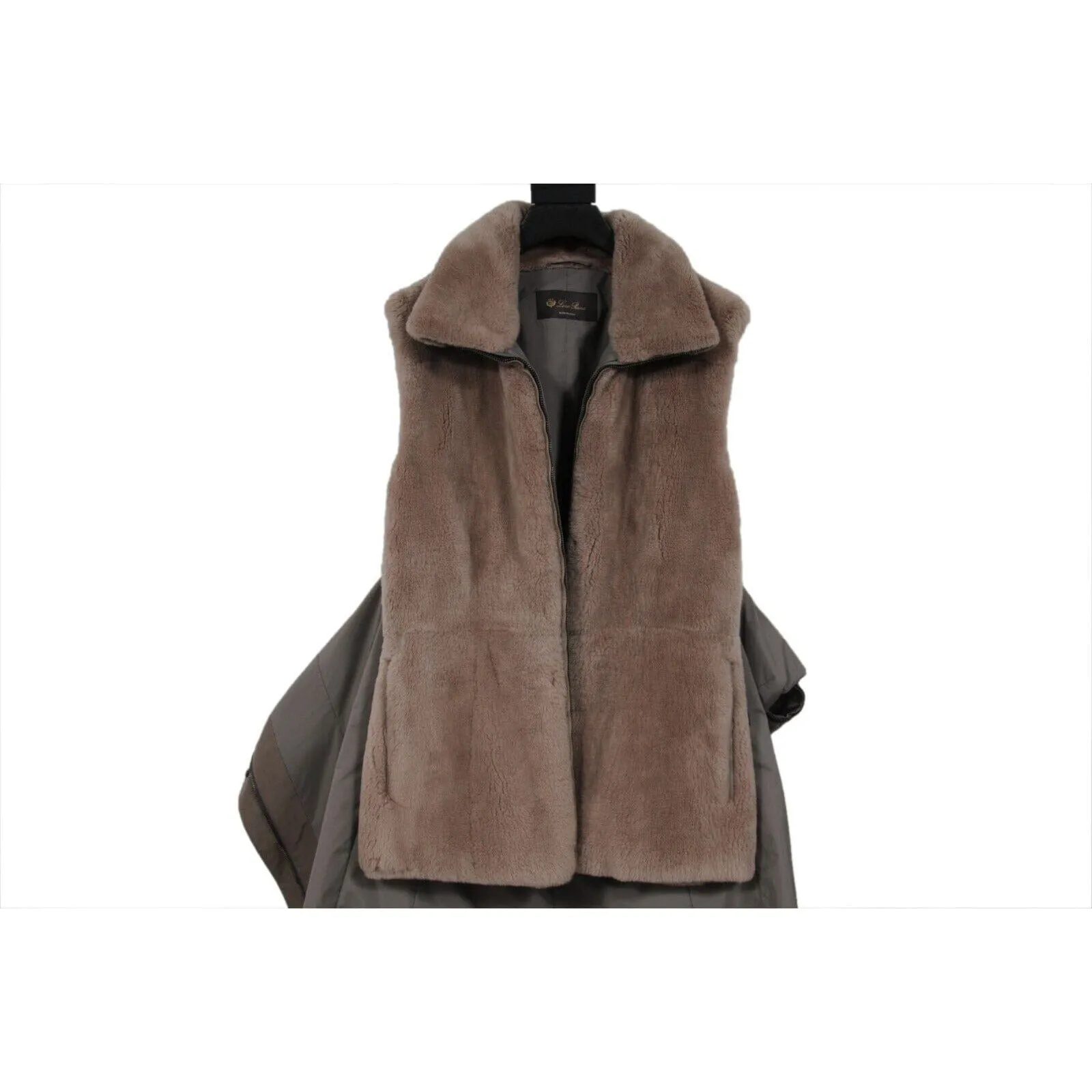 Nutria Fur Jacket Vest 46 XL Tan Silk Nylon Zip Up Parka