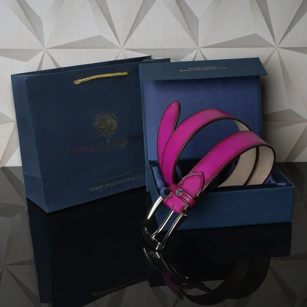 Premium Exclusive Hand-Painted Belt Pink Leather With Silver Finish Buckle Belt by Brune & Bareskin