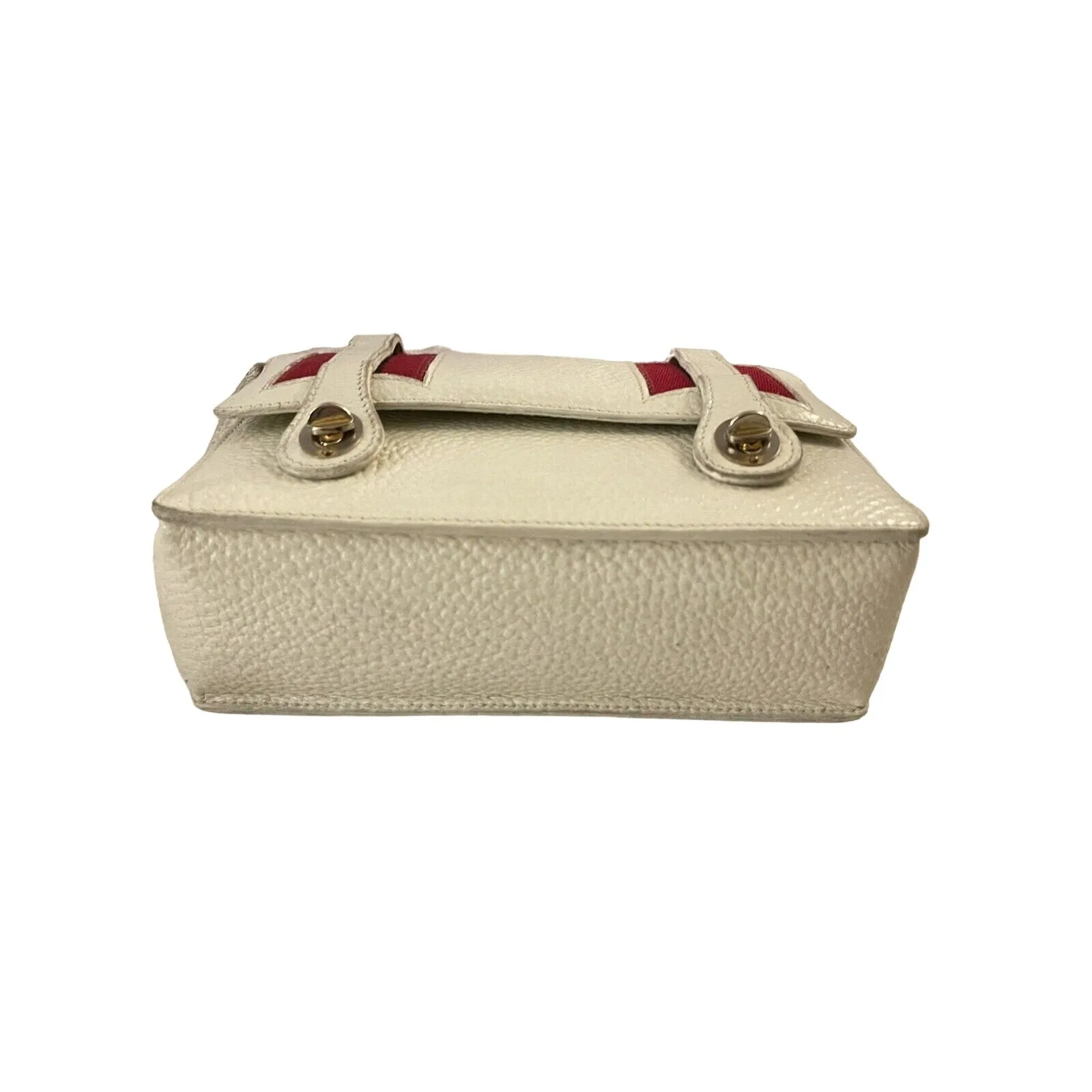 RARE Gucci white leather lunchbox bamboo bag w red & blue stripes