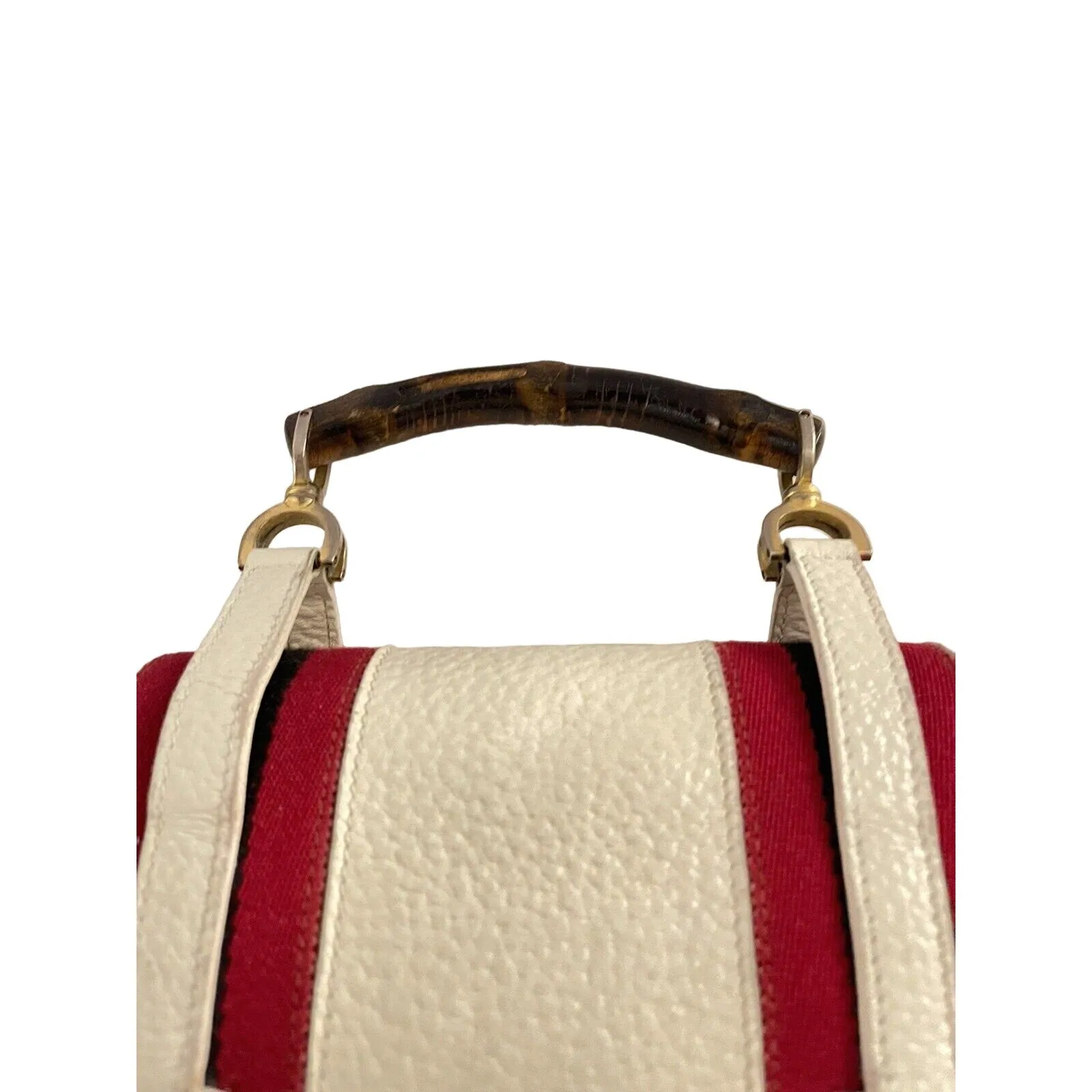RARE Gucci white leather lunchbox bamboo bag w red & blue stripes
