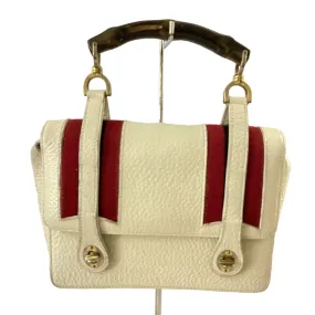 RARE Gucci white leather lunchbox bamboo bag w red & blue stripes