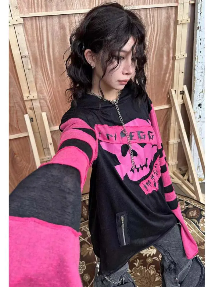 Rock Punk Skull Print Striped Sleeve Hoodie【s0000008314】