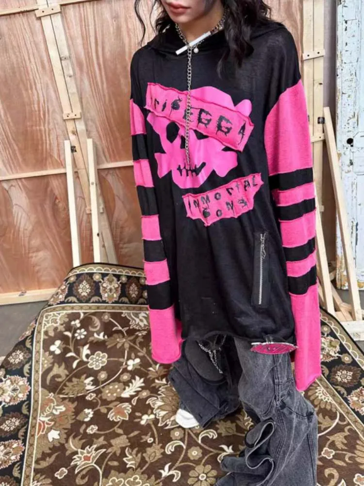 Rock Punk Skull Print Striped Sleeve Hoodie【s0000008314】