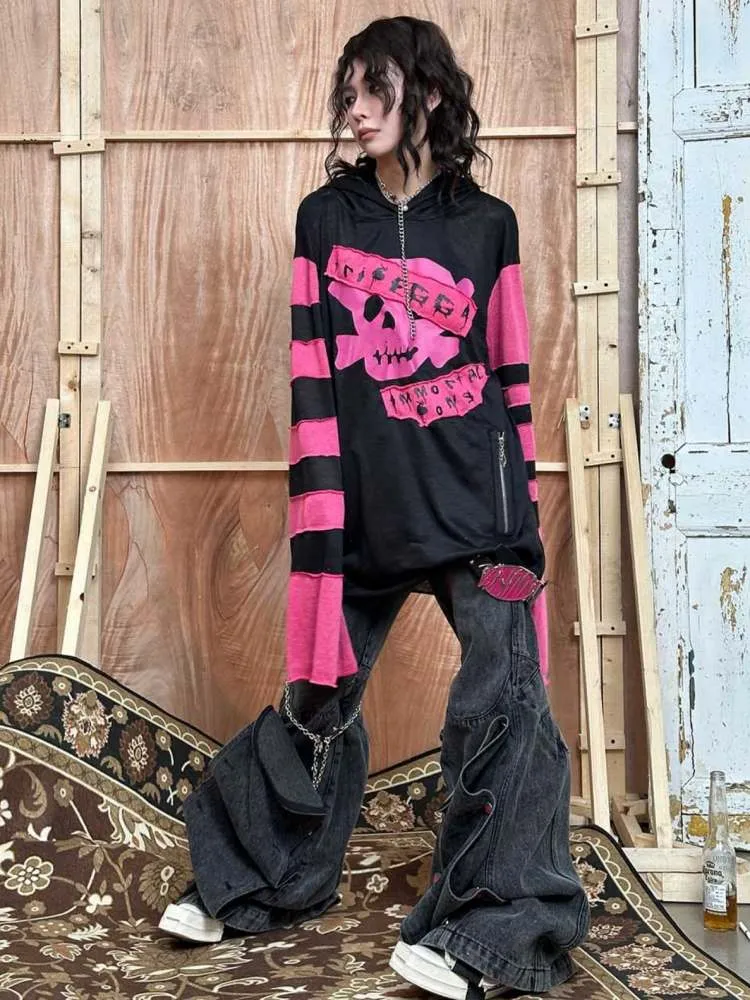 Rock Punk Skull Print Striped Sleeve Hoodie【s0000008314】