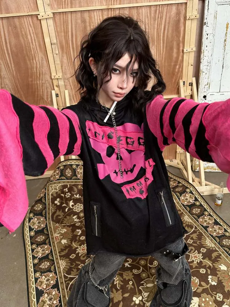 Rock Punk Skull Print Striped Sleeve Hoodie【s0000008314】