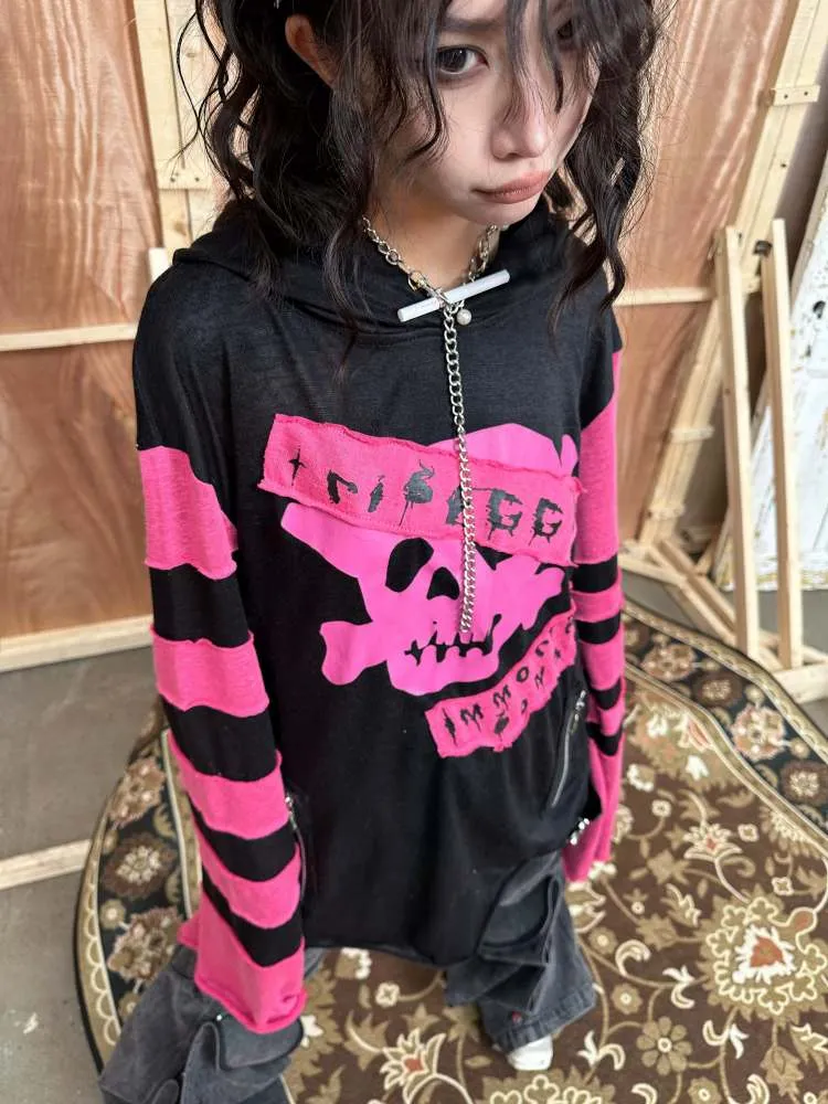 Rock Punk Skull Print Striped Sleeve Hoodie【s0000008314】