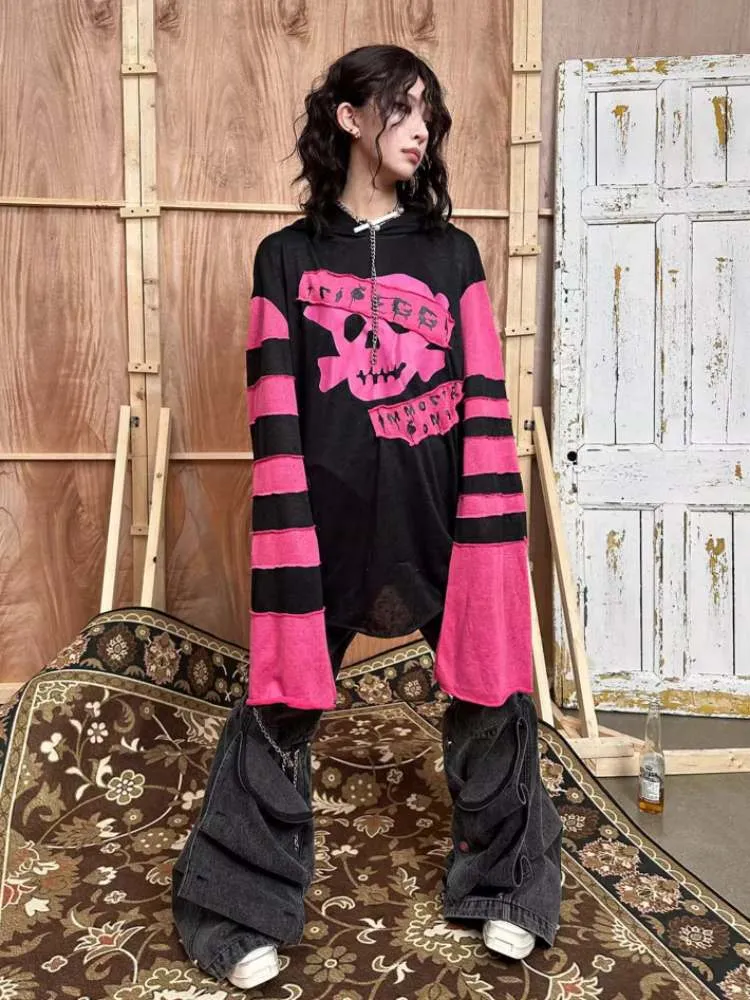 Rock Punk Skull Print Striped Sleeve Hoodie【s0000008314】