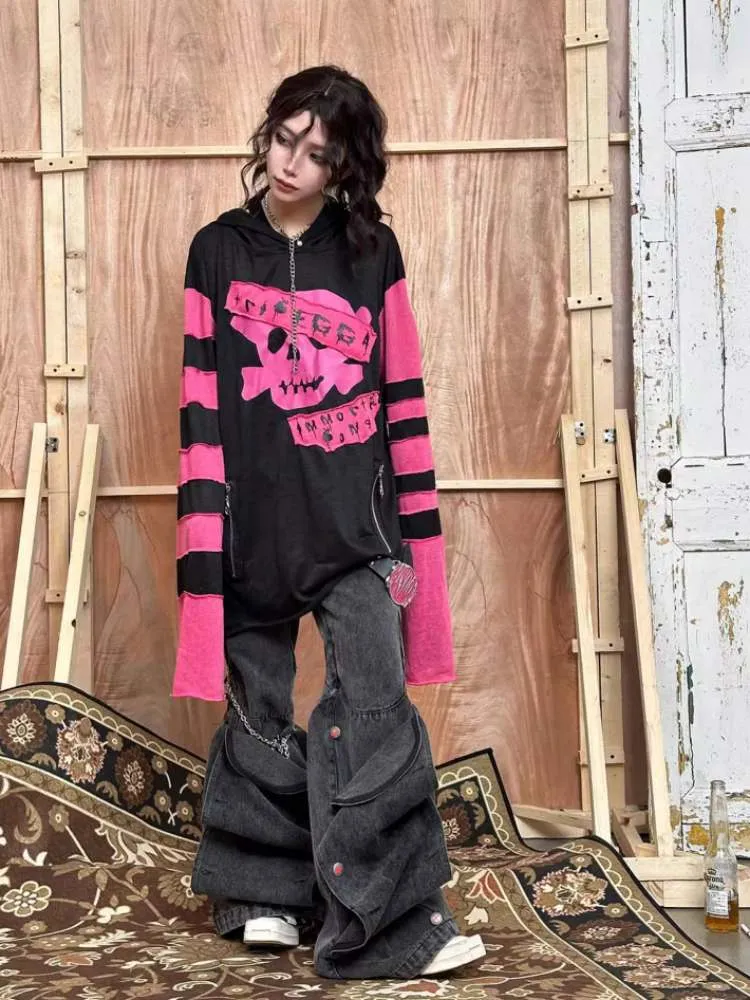 Rock Punk Skull Print Striped Sleeve Hoodie【s0000008314】