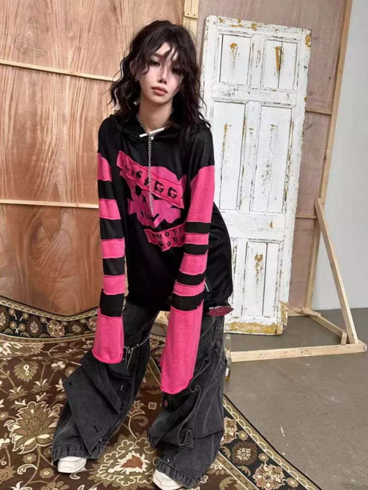 Rock Punk Skull Print Striped Sleeve Hoodie【s0000008314】