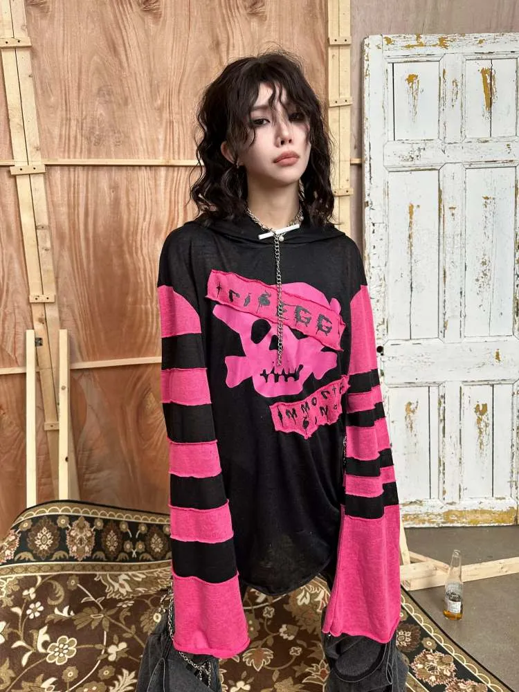Rock Punk Skull Print Striped Sleeve Hoodie【s0000008314】