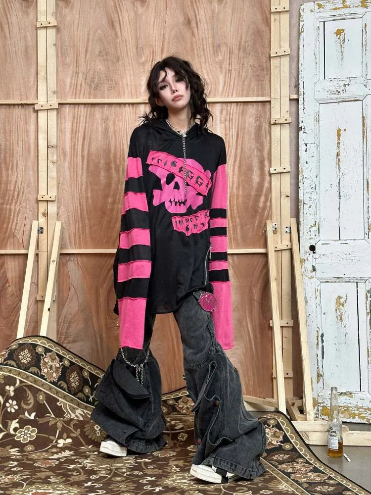 Rock Punk Skull Print Striped Sleeve Hoodie【s0000008314】