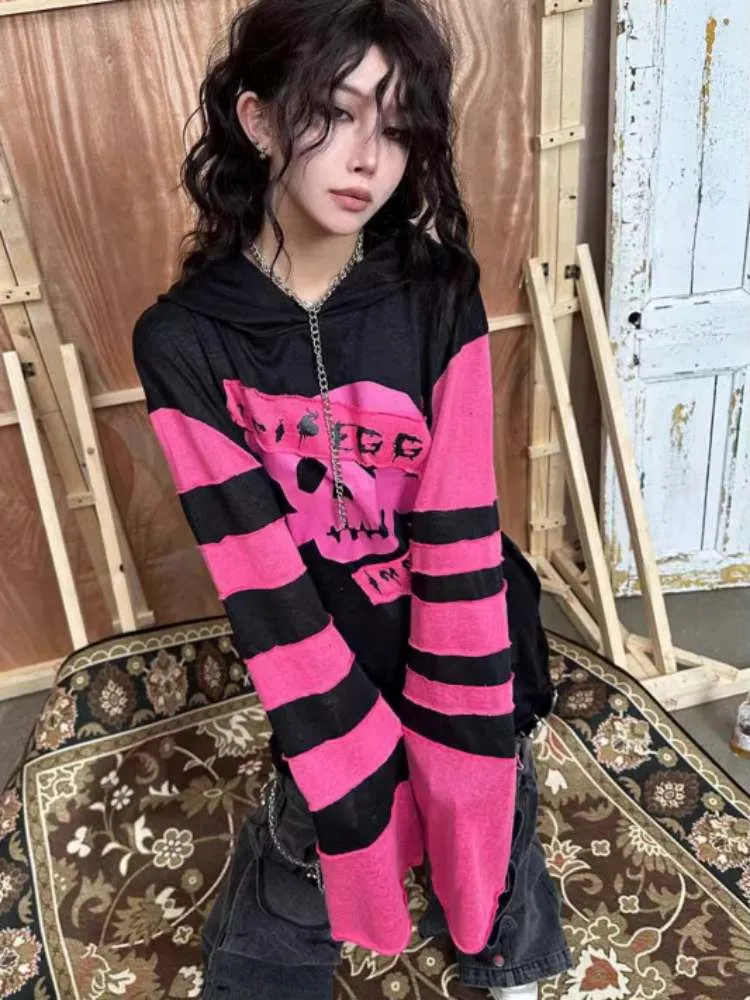 Rock Punk Skull Print Striped Sleeve Hoodie【s0000008314】