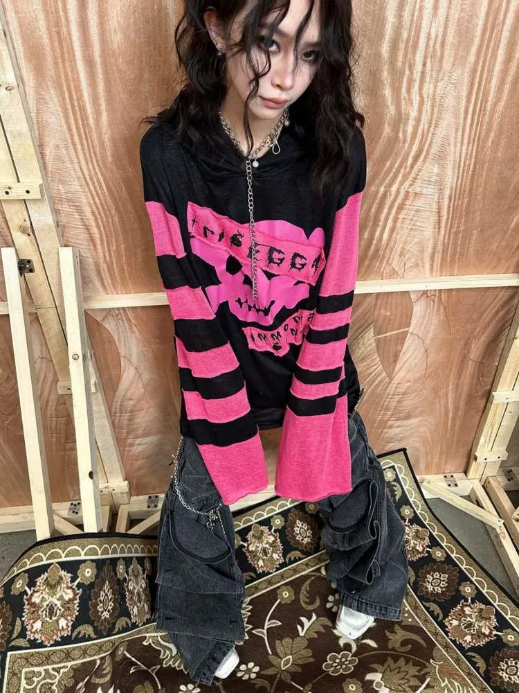 Rock Punk Skull Print Striped Sleeve Hoodie【s0000008314】