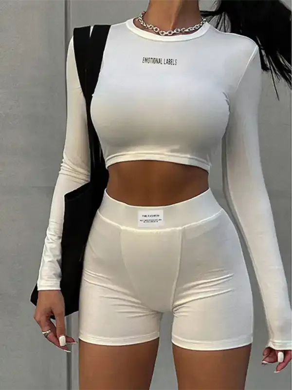 Women’s knitted round neck long sleeve   shorts two-piece sets