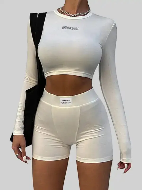Women’s knitted round neck long sleeve   shorts two-piece sets